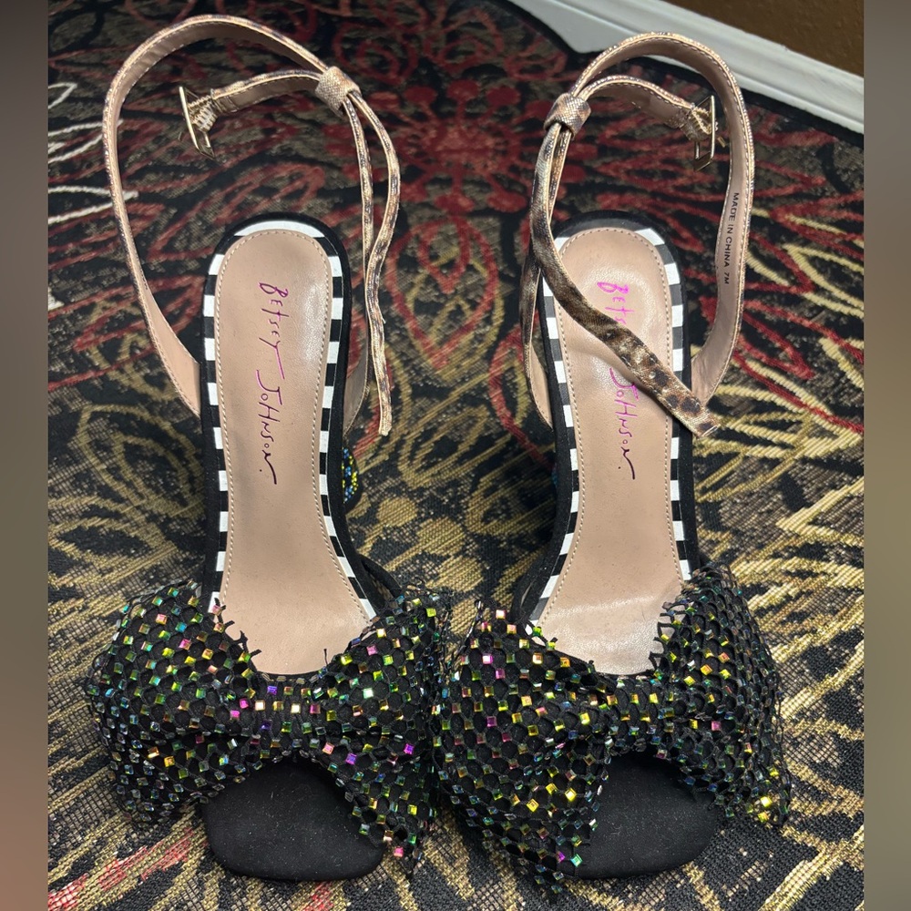 Betsey Johnson Black Heels with Multicolor Rhinestones